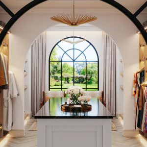 Spacious custom walk-in closet with abundant wardrobe space, center island storage