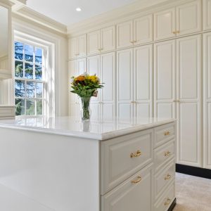 Modern walk-in custom closet with wall-to-wall white cabinetry, glass doors, and LED lighting