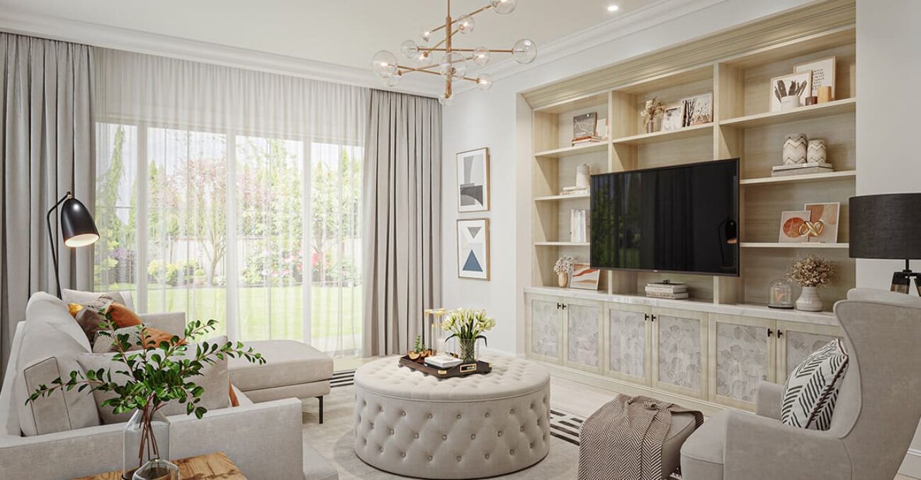 Custom built-ins in living room in light woodgrain finish