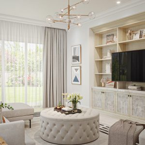 Custom built-ins in living room in light woodgrain finish