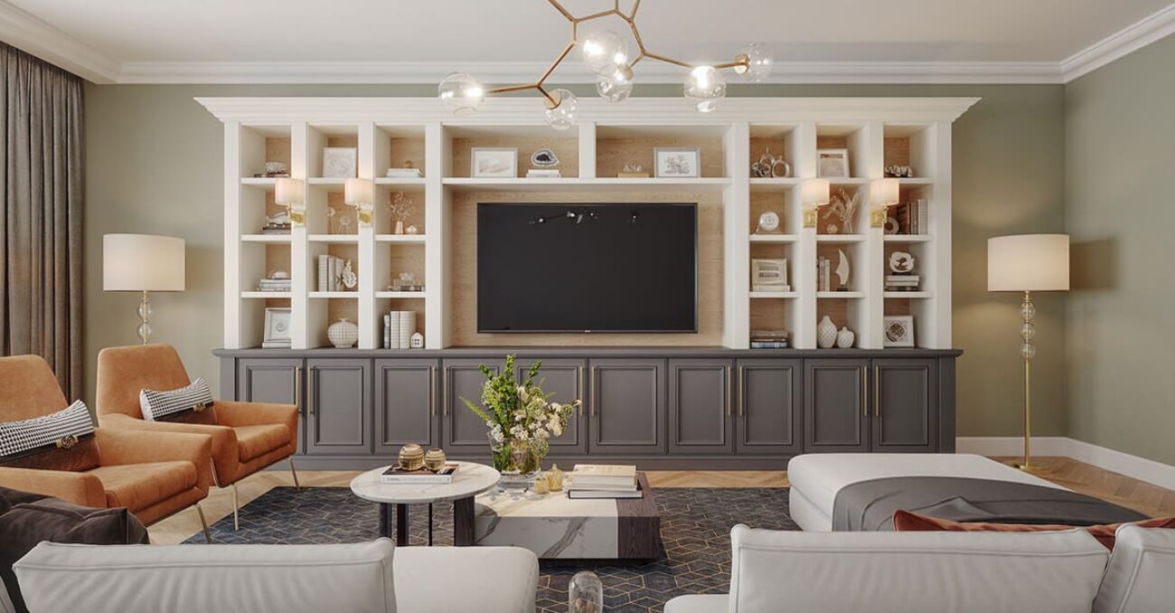 Custom built-in entertainment center with media cabinets for hidden storage and open display shelving