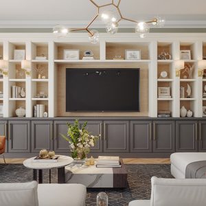 Custom built-in entertainment center with media cabinets for hidden storage and open display shelving