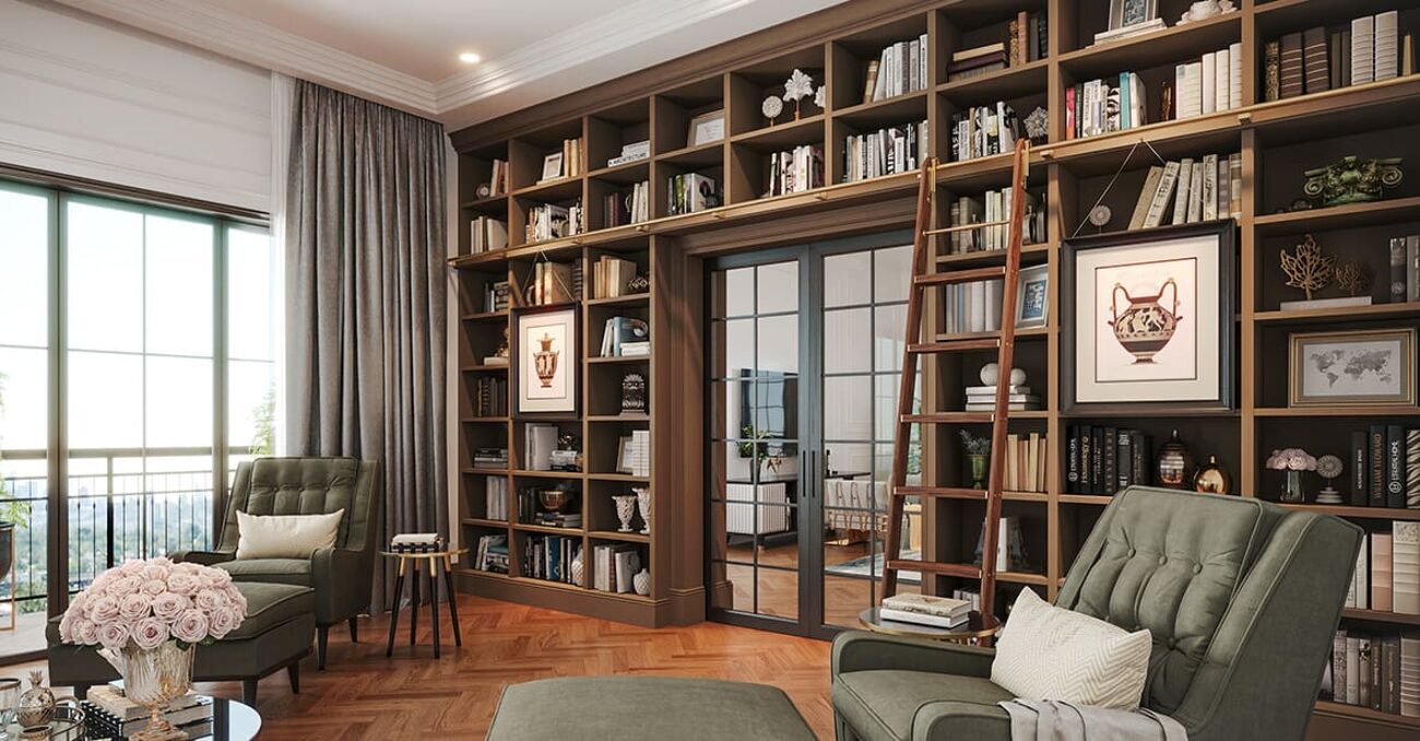 Custom library book shelves with rolling wood ladder and LED lighting