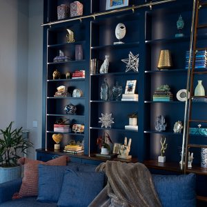 Library book case with strip lighting and rolling ladder in navy blue