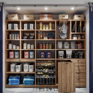 Custom pantry with natural wood shelves, pet food storage, and navy sliding barn doors for concealed organization.