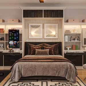 A modern bedroom with a built-in wall unit surrounding the bed, featuring rich brown tones, integrated lighting, geometric artwork, and a cozy bed with layered pillows and throws