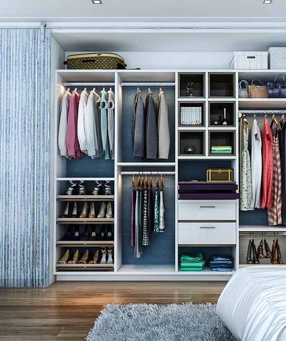 Custom reach in closet with cubbies and organizers