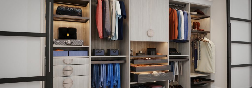 Custom reach in closet with fabric organizer pull-outs