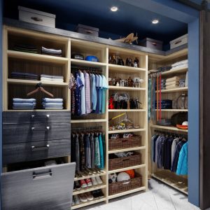Kids closet with sports bin storage and adjustable shelving