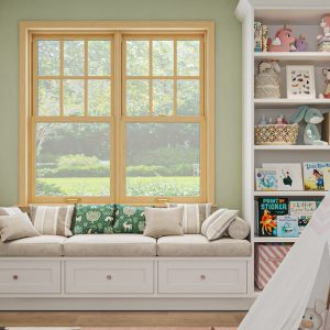 Built-in window seat bench with hidden toy storage and custom book shelves