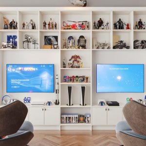 Kids' media room with custom cubbies for toy storage and display