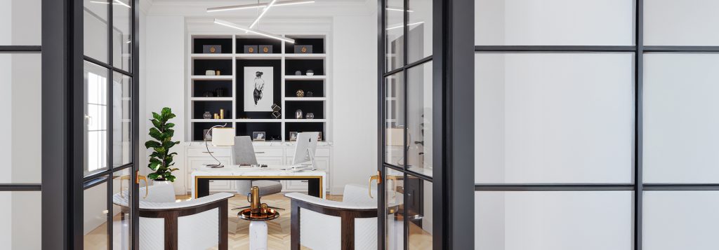 Sophisticated black and white home office