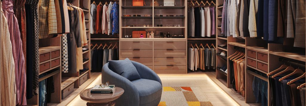 Closet Factory New Jersey South custom walk in closet with seating area, double hanging rods, fabric pullouts