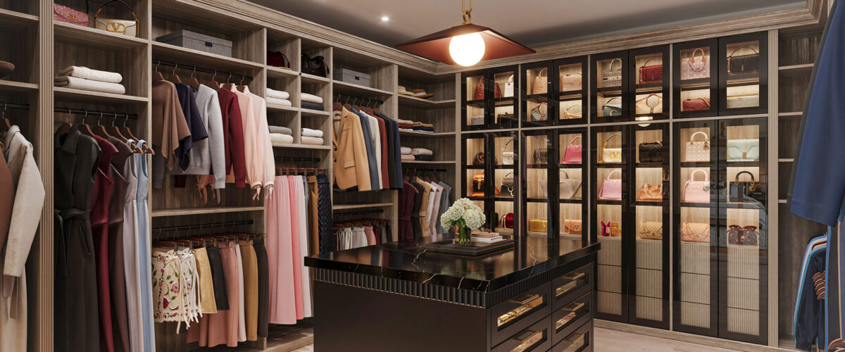 Spacious custom walk-in closet with white floor-to-ceiling storage, double hanging sections, built-in drawers, open shelving, and a seating area.