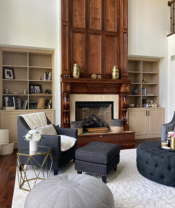 Living Room Fireplace Built-In Cabinets; Casting at First Light Finish; Units built to Ceiling with Fascia Trim