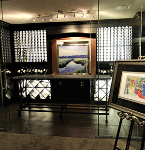 Custom Wine Room; Black Painted Oak Finish; Back-Lit Cabinets