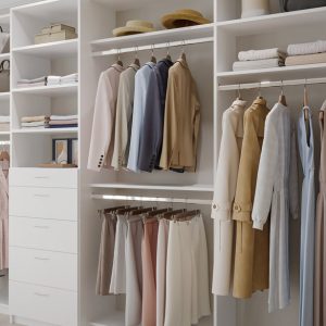 Reach-in Closet with built-in white drawers, hat cubbies, and shoe shelving