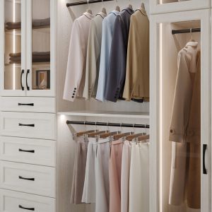 Reach-in closet with elegant white wood cabinetry, LED lighting, and pull-out shoe storage and double hanging garment rods.