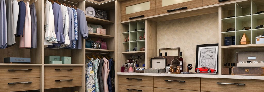 Custom walk-in closet with natural wood