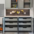 Garage storage with slat wall organizer and pull out drawers