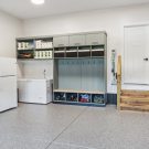 Garage entryway with cubbies and coat hooks