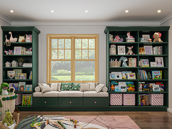 Kids room custom shelving in eucalyptus green melamine
