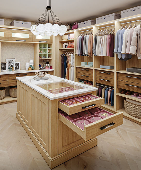 Walk-in closet with pull out jewelry drawers