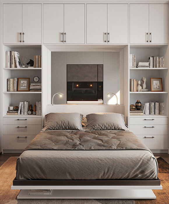 Custom wall bed with built in white cabinetry