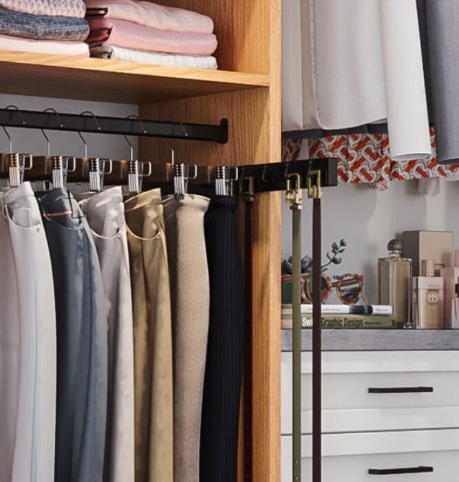 Belt rack and pant hangers in light wood wardrobe cabinet