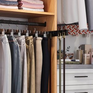 Belt rack and pant hangers in light wood wardrobe cabinet