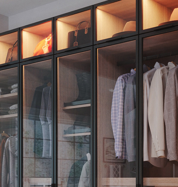 Glass front doors with LED lighting in wardrobe closet