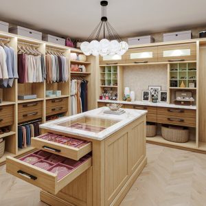 Modern wood walk-in closet with island drawers showcasing velvet jewelry drawers and light strips, surrounded by custom shelving