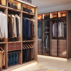 Contemporary walk-in closet in warm woodgrain finish with glass-front cabinetry, integrated lighting, and dual hanging sections. Open cubbies and pull-out storage boxes provide sleek organization.