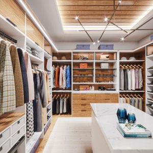 Contemporary closet with sleek wooden paneling, minimalist hanging space, and a white island