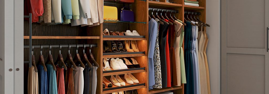 Luxury custom closet with warm wood