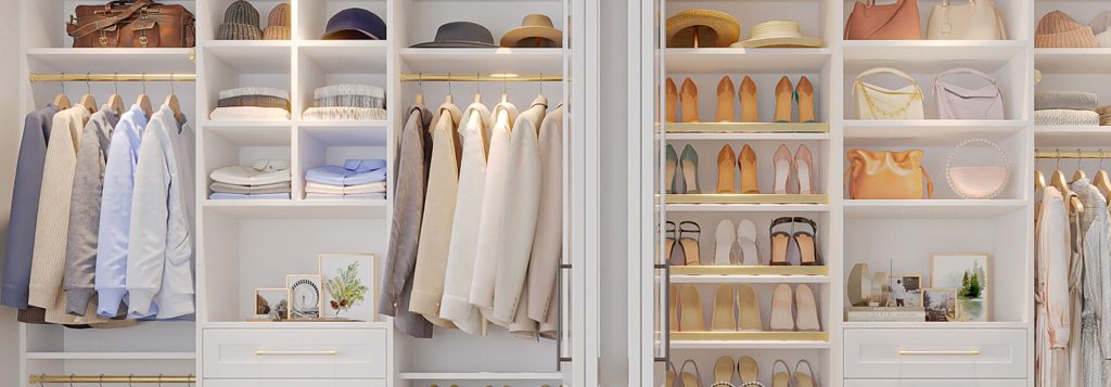 Bright, modern walk-in closet with white shelving, gold hardware, and organized sections for clothing, shoes, handbags, and accessories, featuring a clean and elegant aesthetic