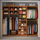 Organized reach in closet with custom shoe shelves, hat holders, upper shelf storage