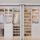 Closet organizers Double hanging space, adjustable shelves, and two built-in drawer towers with shoe racks and cubbies for bags, hats, and folded clothes.