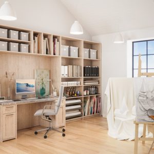 Custom craft room & art studio open shelving in Rhapsody melamine with vertical canvas slots, paper roll storage, and a built-in desk.