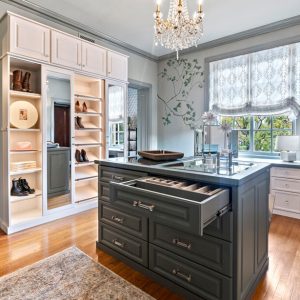 Dressing room featuring central island with velvet jewelry drawers, LED lighting, elite toe stops, and white shaker cabinetry