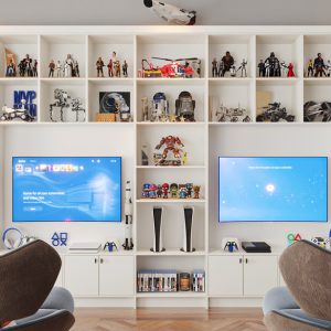 Gaming media center with dual tv monitors and gaming console storage