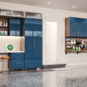 Custom garage cabinetry with polyaspartic flooring and high-gloss blue cabinetry