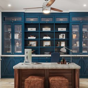 Built-in blue cabinetry with mesh-front doors and open shelving displays accessories like labeled fabric file boxes and decorative boxes