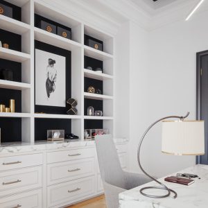 Sleek black-and-white home office with high-contrast open shelving, marble countertops
