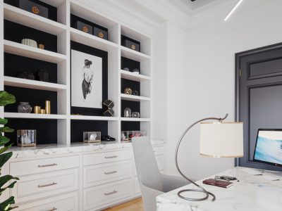 Sleek black-and-white home office with high-contrast open shelving, marble countertops