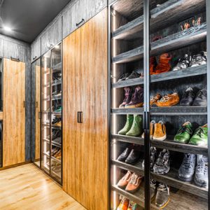 Custom shoe shelving with scoop front shelving in black tie melamine