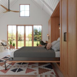 Mid-century inspired wall bed with natural wood cabinetry, built-in bookshelves