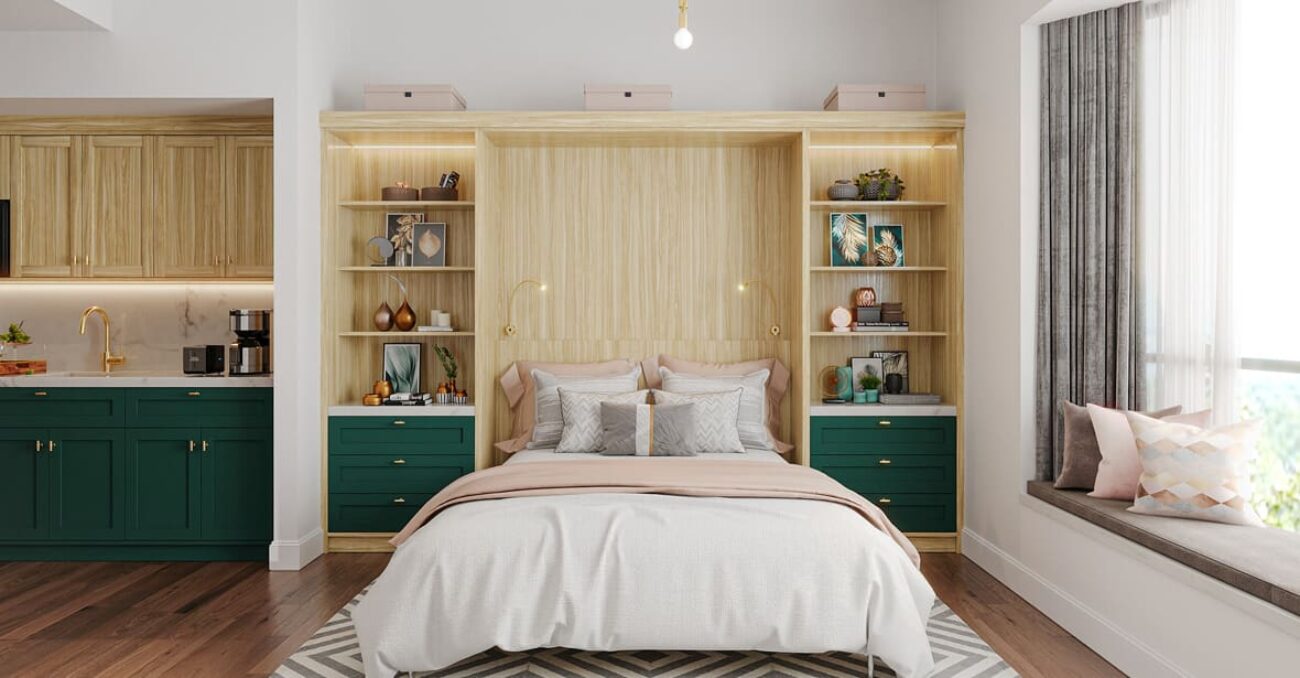 Light wood wall bed open with custom green side drawers and open bookshelves