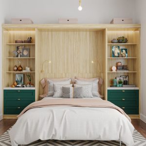 Light wood wall bed open with custom green side drawers and open bookshelves