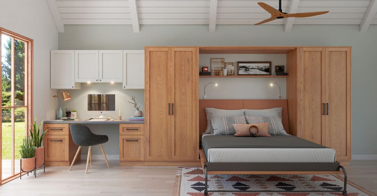 Wall bed with built in cabinetry and workstation